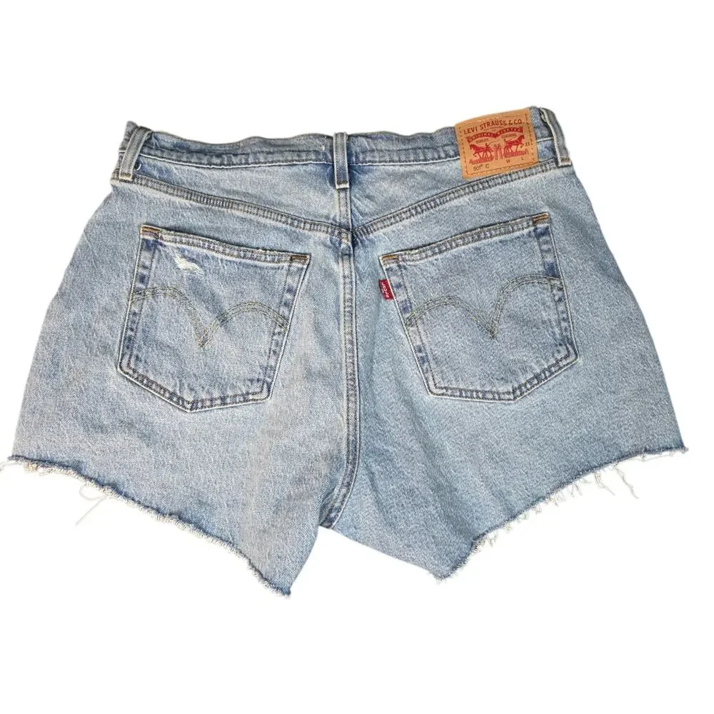 Levis 501 Curve Button Fly Distressed Denim Shorts Blue W32 High Rise Cut Offs